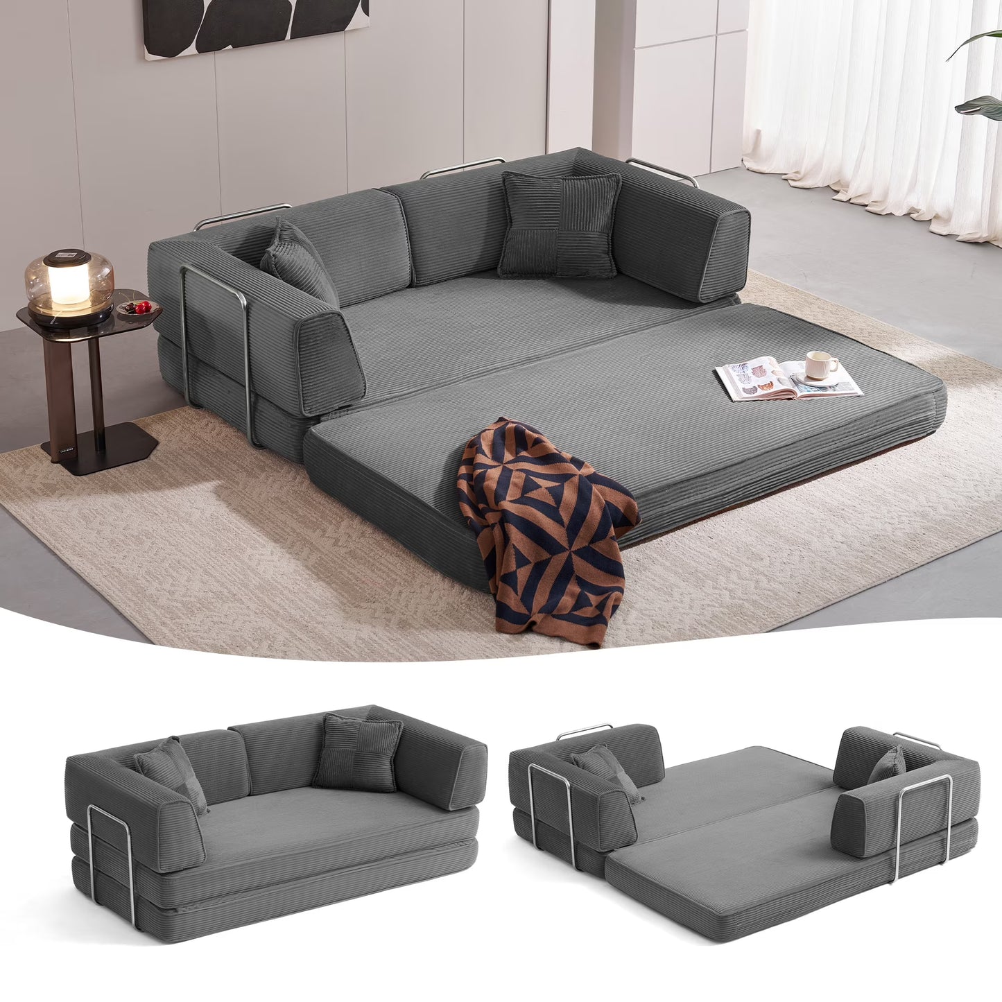Linsy Home Oversized Corduroy Futon Sofa Bed Couch, Convertible Boneless Cloud Couch Bed, King Size Sleeper Sofa Bed With Fixed-Shape Frame, No Assembly Required