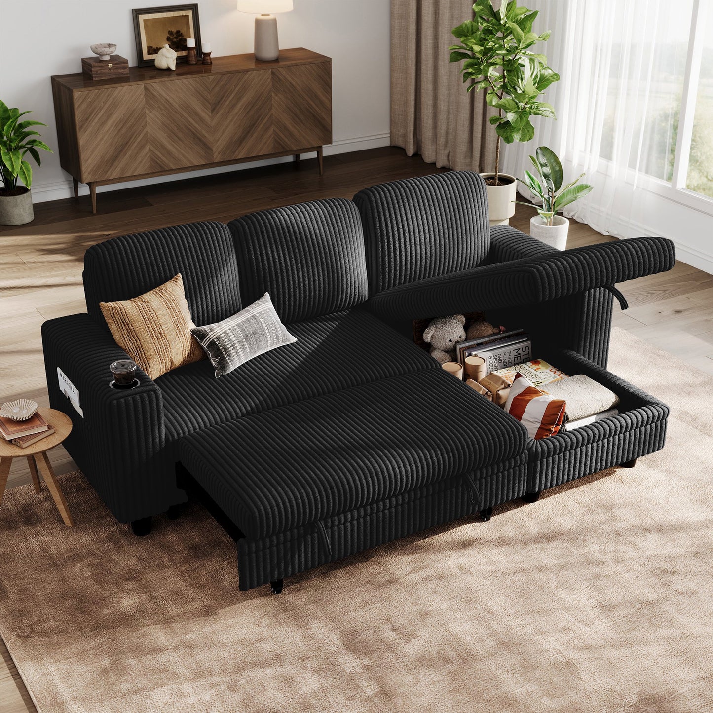 Linsy Home 106" Plush Corduroy Sleeper Sofa Bed with Storage Chaise, Pull Out Couch Bed with USB, Cup Holder, Side Pocket, U Shaped Sectional Couches for Living Room, Apartment, Green