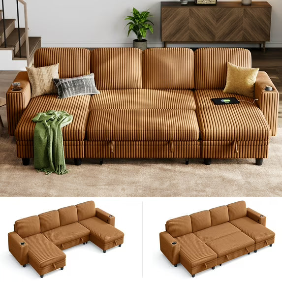 Linsy Home 106" Plush Corduroy Sleeper Sofa Bed with Storage Chaise, Pull Out Couch Bed with USB, Cup Holder, Side Pocket, U Shaped Sectional Couches for Living Room, Apartment, Green