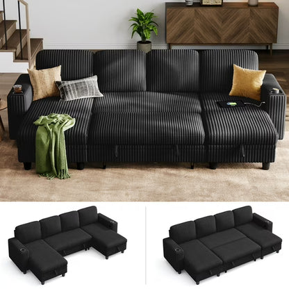 Linsy Home 106" Plush Corduroy Sleeper Sofa Bed with Storage Chaise, Pull Out Couch Bed with USB, Cup Holder, Side Pocket, U Shaped Sectional Couches for Living Room, Apartment, Green