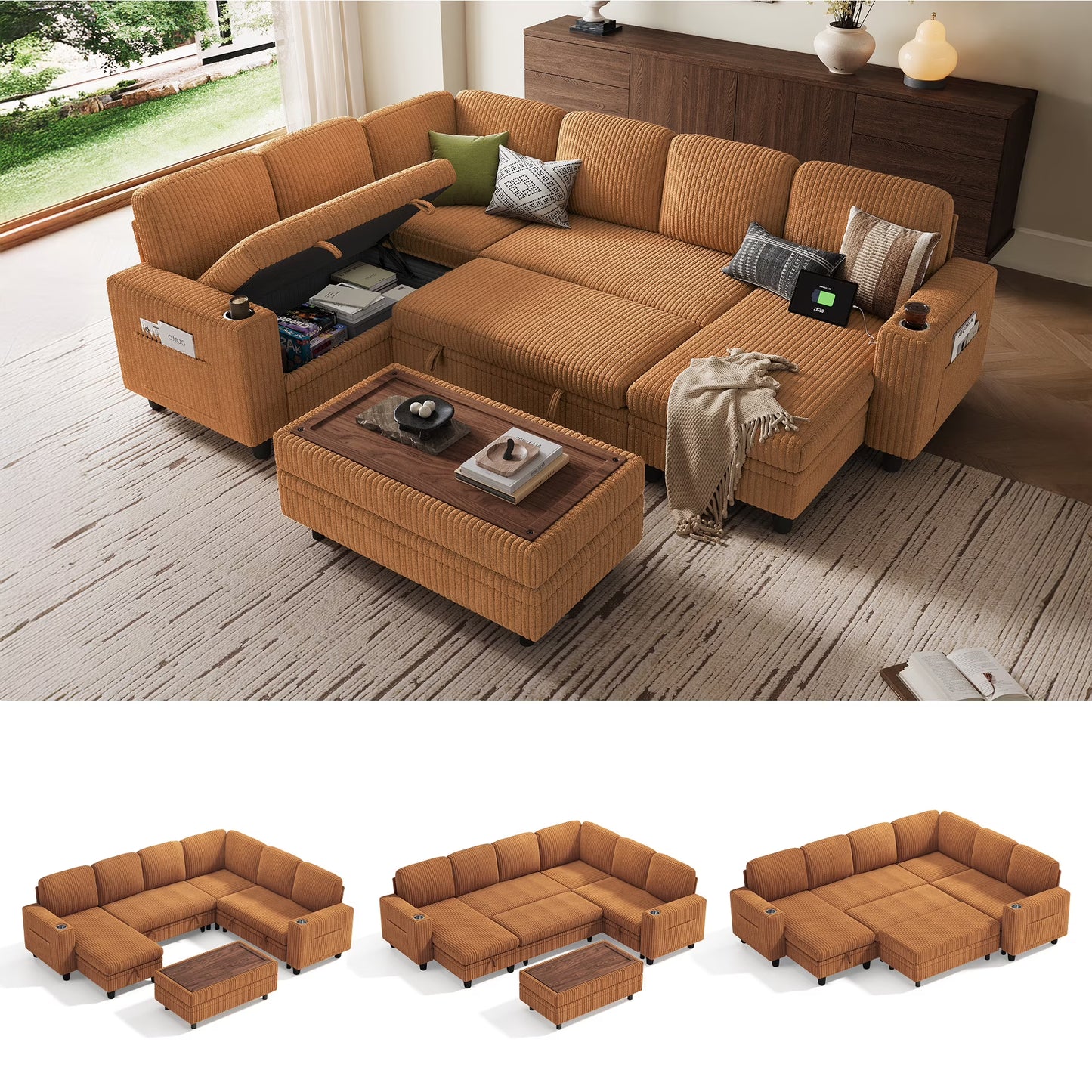 Linsy Home Plush Corduroy Sleeper Sofa Bed with Storage Seat, Pull Out Couch Bed with Multifunctional Storage Ottoman, V-Shaped Sectional Couches for Living Room, Apartment