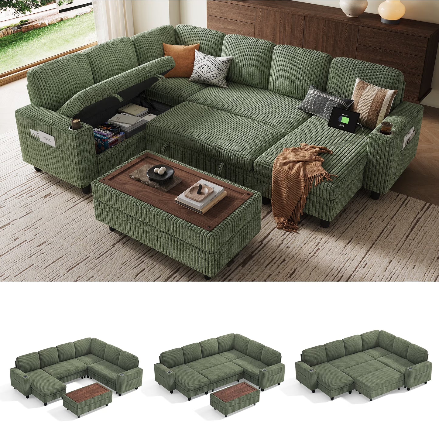 Linsy Home Plush Corduroy Sleeper Sofa Bed with Storage Seat, Pull Out Couch Bed with Multifunctional Storage Ottoman, V-Shaped Sectional Couches for Living Room, Apartment