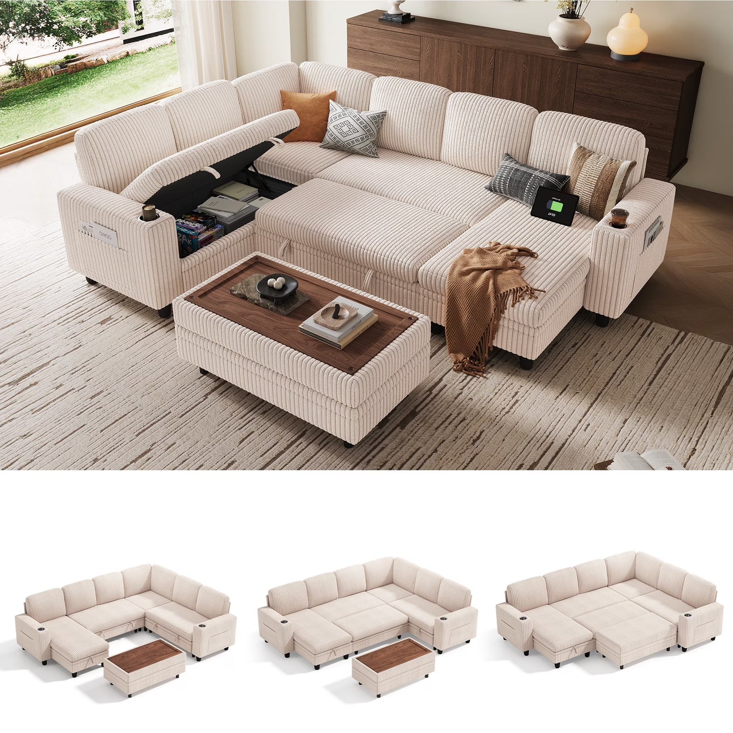 Linsy Home Plush Corduroy Sleeper Sofa Bed with Storage Seat, Pull Out Couch Bed with Multifunctional Storage Ottoman, V-Shaped Sectional Couches for Living Room, Apartment