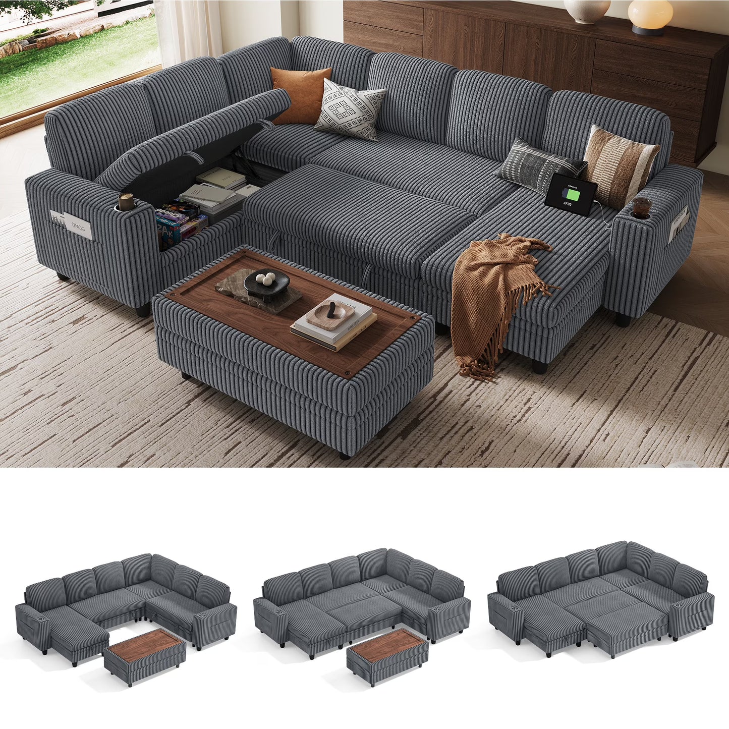 Linsy Home Plush Corduroy Sleeper Sofa Bed with Storage Seat, Pull Out Couch Bed with Multifunctional Storage Ottoman, V-Shaped Sectional Couches for Living Room, Apartment