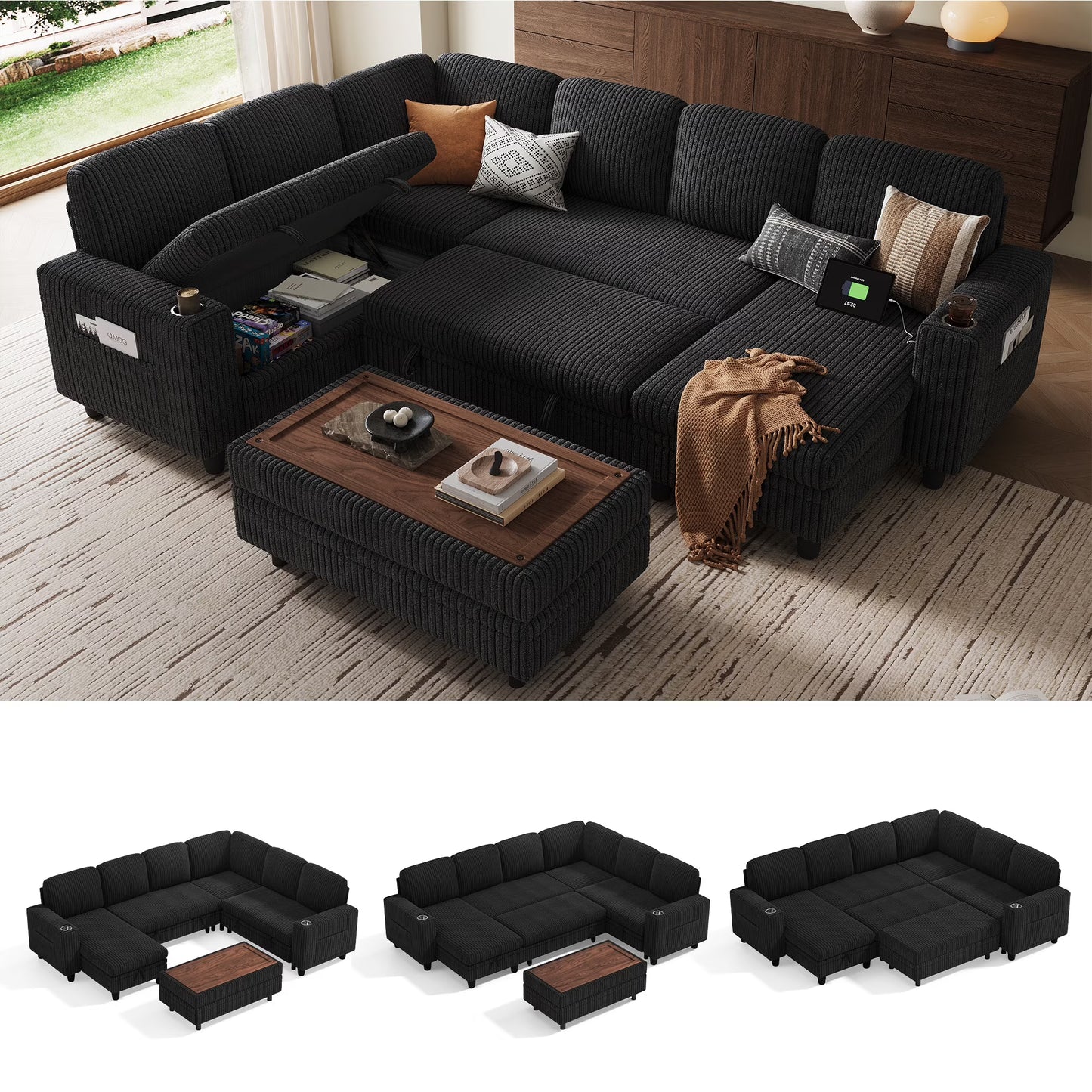 Linsy Home Plush Corduroy Sleeper Sofa Bed with Storage Seat, Pull Out Couch Bed with Multifunctional Storage Ottoman, V-Shaped Sectional Couches for Living Room, Apartment