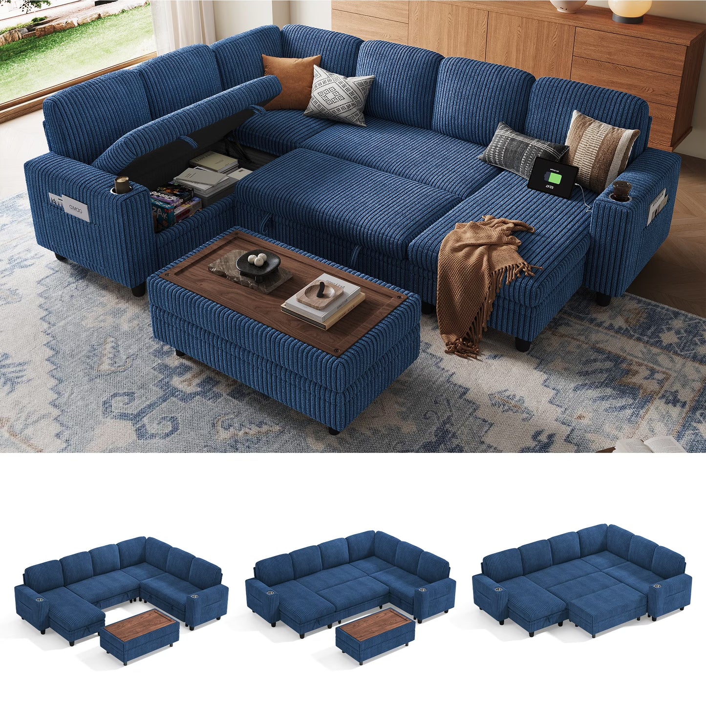 Linsy Home Plush Corduroy Sleeper Sofa Bed with Storage Seat, Pull Out Couch Bed with Multifunctional Storage Ottoman, V-Shaped Sectional Couches for Living Room, Apartment