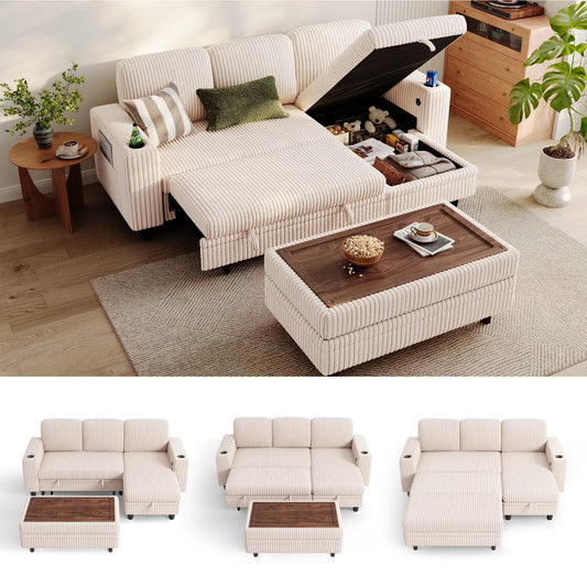 Linsy Home Plush Corduroy Sleeper Sofa Bed with Storage Seat, Pull Out Couch Bed with Multifunctional Storage Ottoman, V-Shaped Sectional Couches for Living Room, Apartment