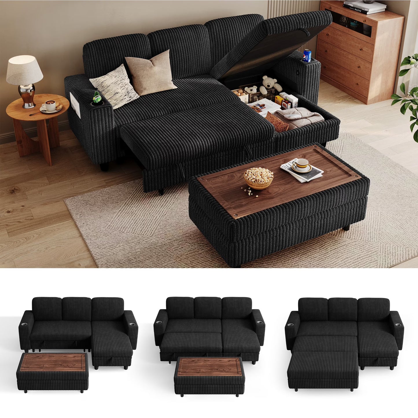 Linsy Home Plush Corduroy Sleeper Sofa Bed with Storage Seat, Pull Out Couch Bed with Multifunctional Storage Ottoman, V-Shaped Sectional Couches for Living Room, Apartment