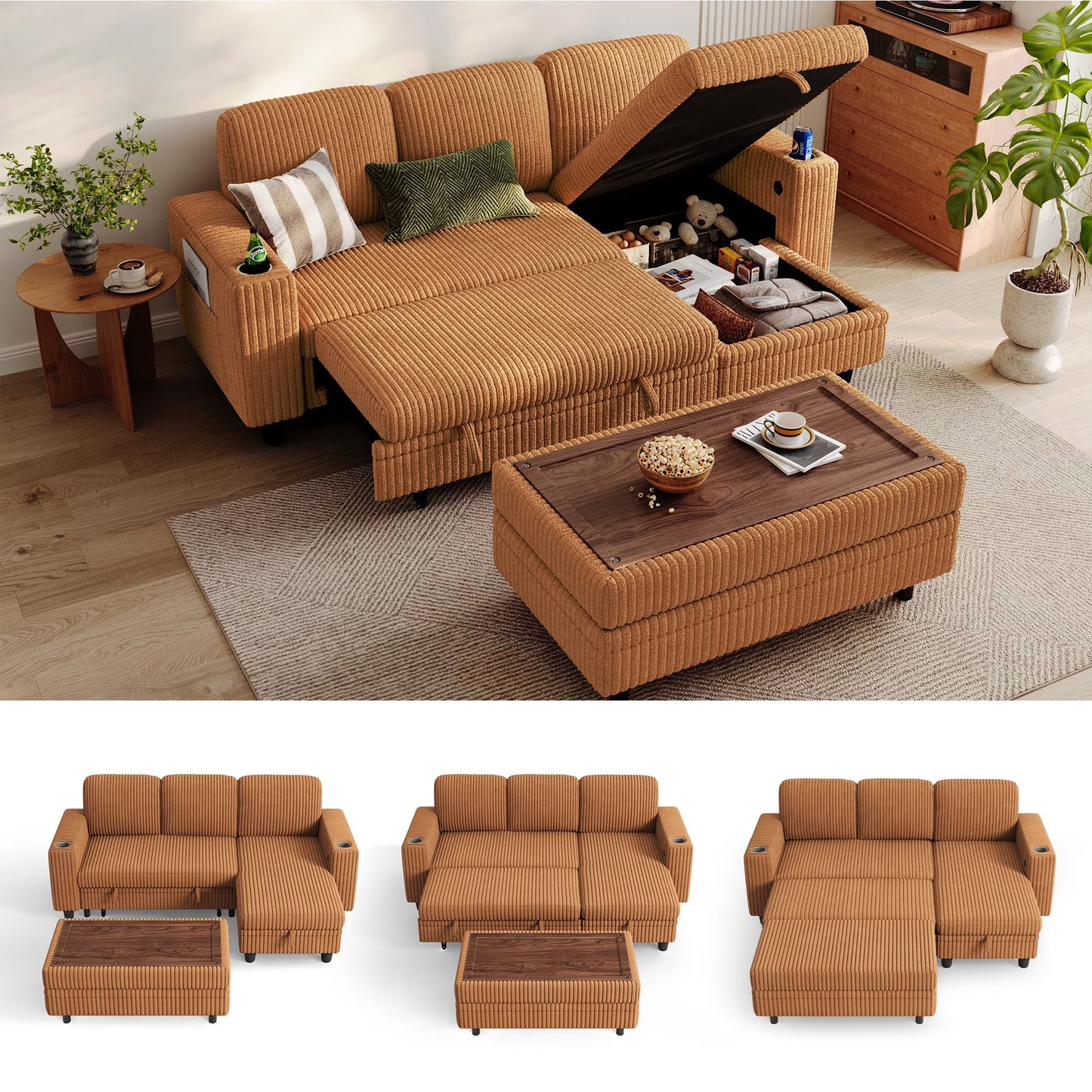 Linsy Home Plush Corduroy Sleeper Sofa Bed with Storage Seat, Pull Out Couch Bed with Multifunctional Storage Ottoman, V-Shaped Sectional Couches for Living Room, Apartment