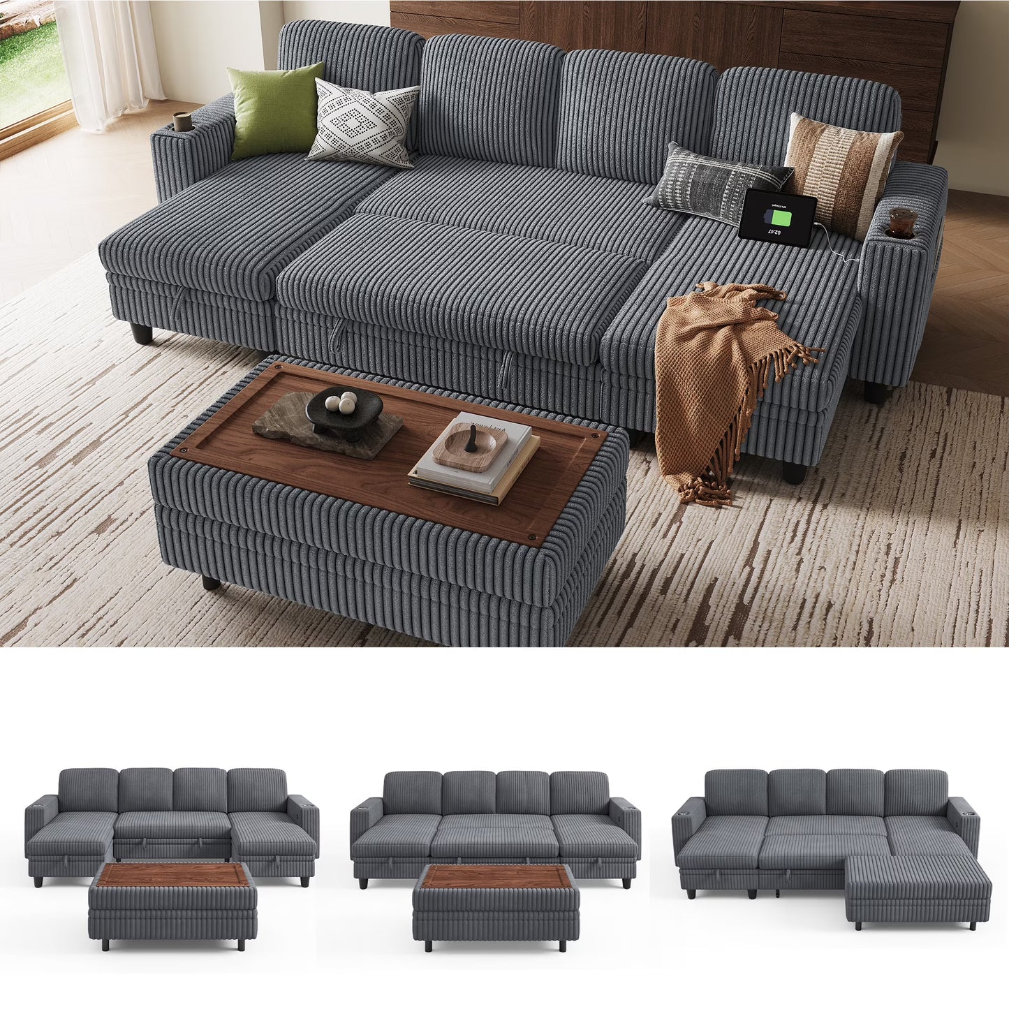 Linsy Home Plush Corduroy Sleeper Sofa Bed with Storage Seat, Pull Out Couch Bed with Multifunctional Storage Ottoman, V-Shaped Sectional Couches for Living Room, Apartment