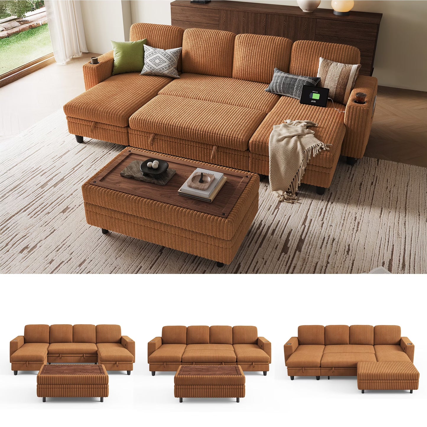 Linsy Home Plush Corduroy Sleeper Sofa Bed with Storage Seat, Pull Out Couch Bed with Multifunctional Storage Ottoman, V-Shaped Sectional Couches for Living Room, Apartment