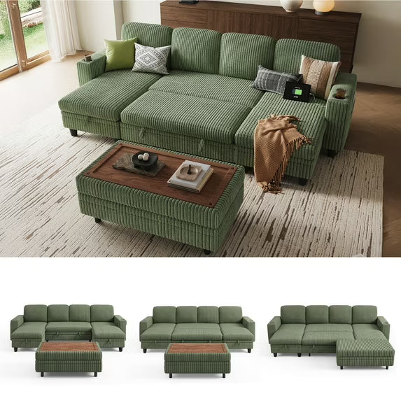 Linsy Home Plush Corduroy Sleeper Sofa Bed with Storage Seat, Pull Out Couch Bed with Multifunctional Storage Ottoman, V-Shaped Sectional Couches for Living Room, Apartment