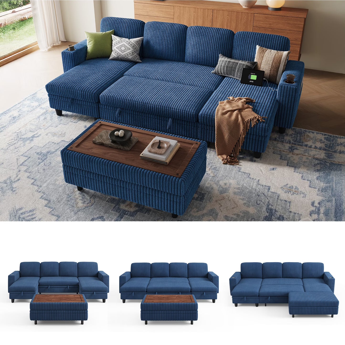 Linsy Home Plush Corduroy Sleeper Sofa Bed with Storage Seat, Pull Out Couch Bed with Multifunctional Storage Ottoman, V-Shaped Sectional Couches for Living Room, Apartment