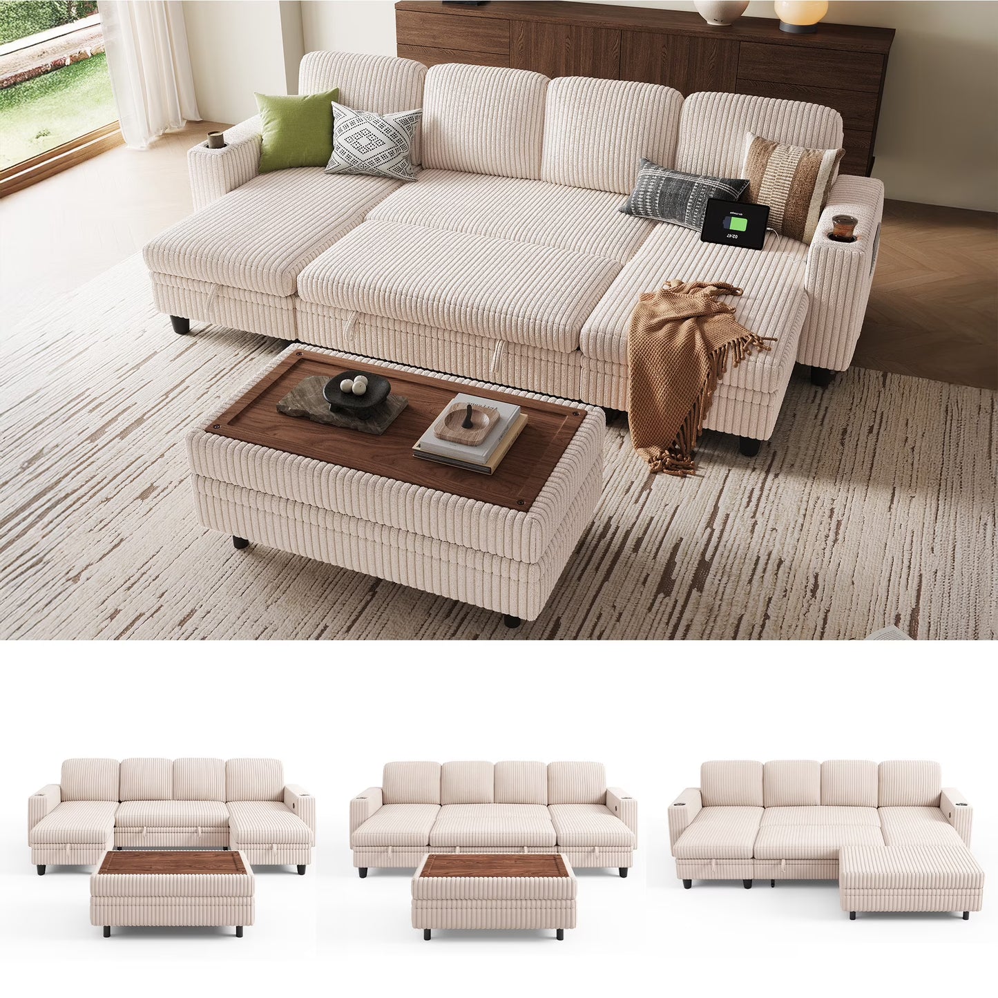 Linsy Home Plush Corduroy Sleeper Sofa Bed with Storage Seat, Pull Out Couch Bed with Multifunctional Storage Ottoman, V-Shaped Sectional Couches for Living Room, Apartment