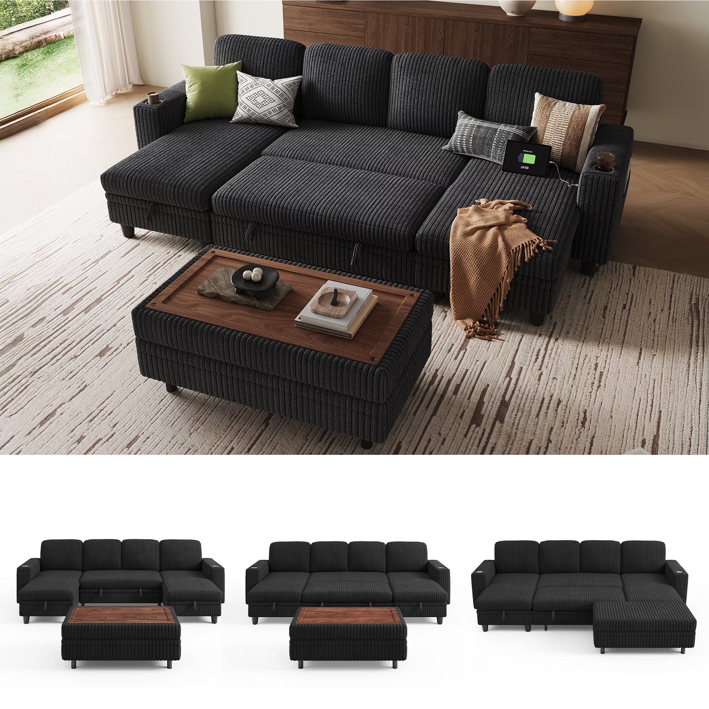 Linsy Home Plush Corduroy Sleeper Sofa Bed with Storage Seat, Pull Out Couch Bed with Multifunctional Storage Ottoman, V-Shaped Sectional Couches for Living Room, Apartment