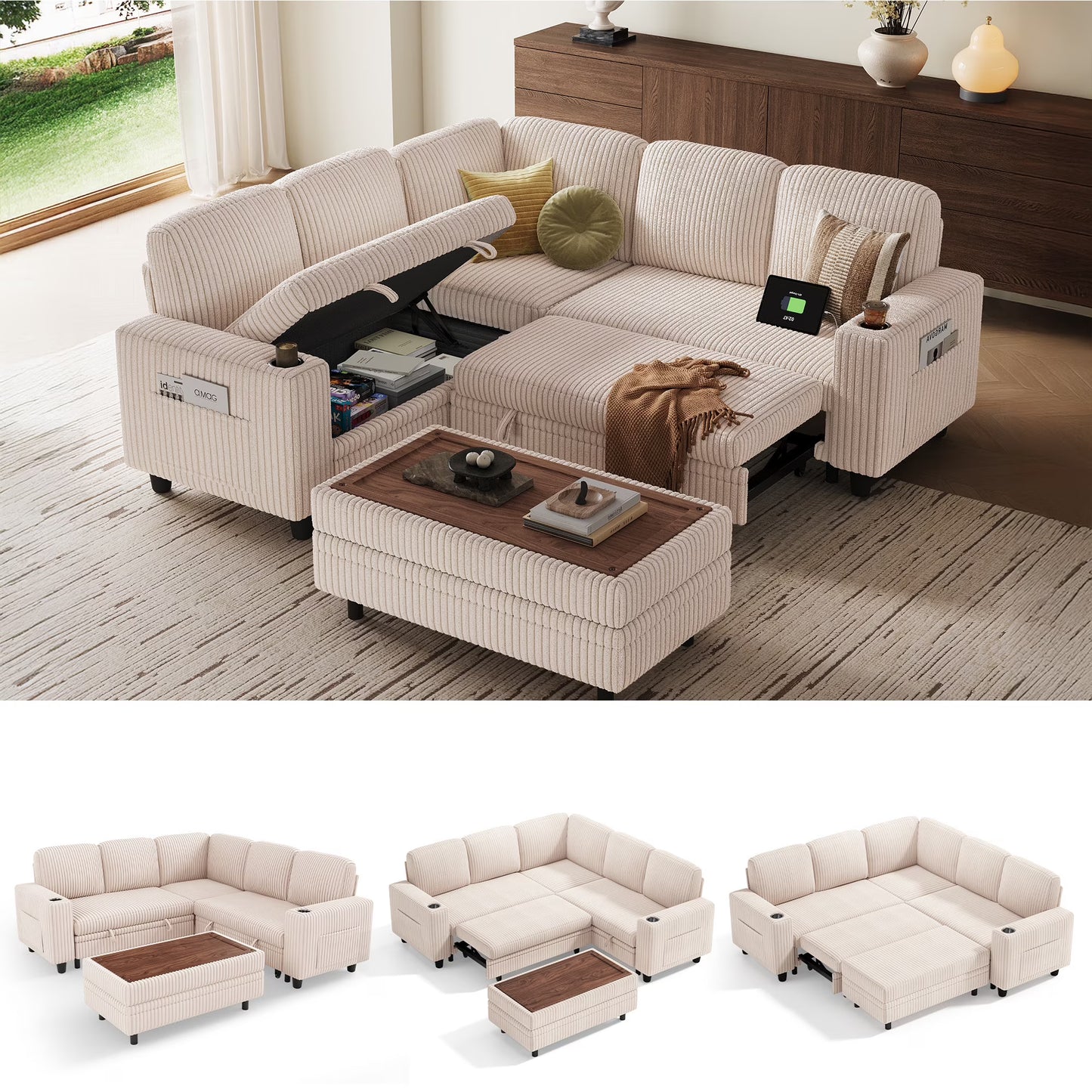 Linsy Home Plush Corduroy Sleeper Sofa Bed with Storage Seat, Pull Out Couch Bed with Multifunctional Storage Ottoman, V-Shaped Sectional Couches for Living Room, Apartment