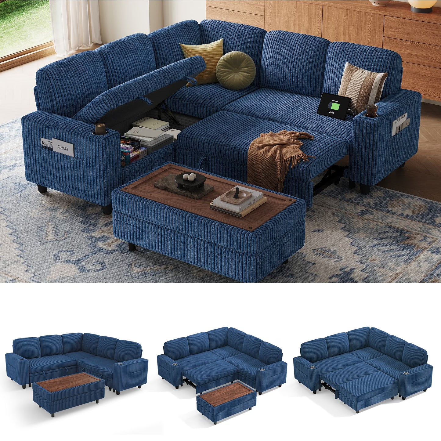 Linsy Home Plush Corduroy Sleeper Sofa Bed with Storage Seat, Pull Out Couch Bed with Multifunctional Storage Ottoman, V-Shaped Sectional Couches for Living Room, Apartment