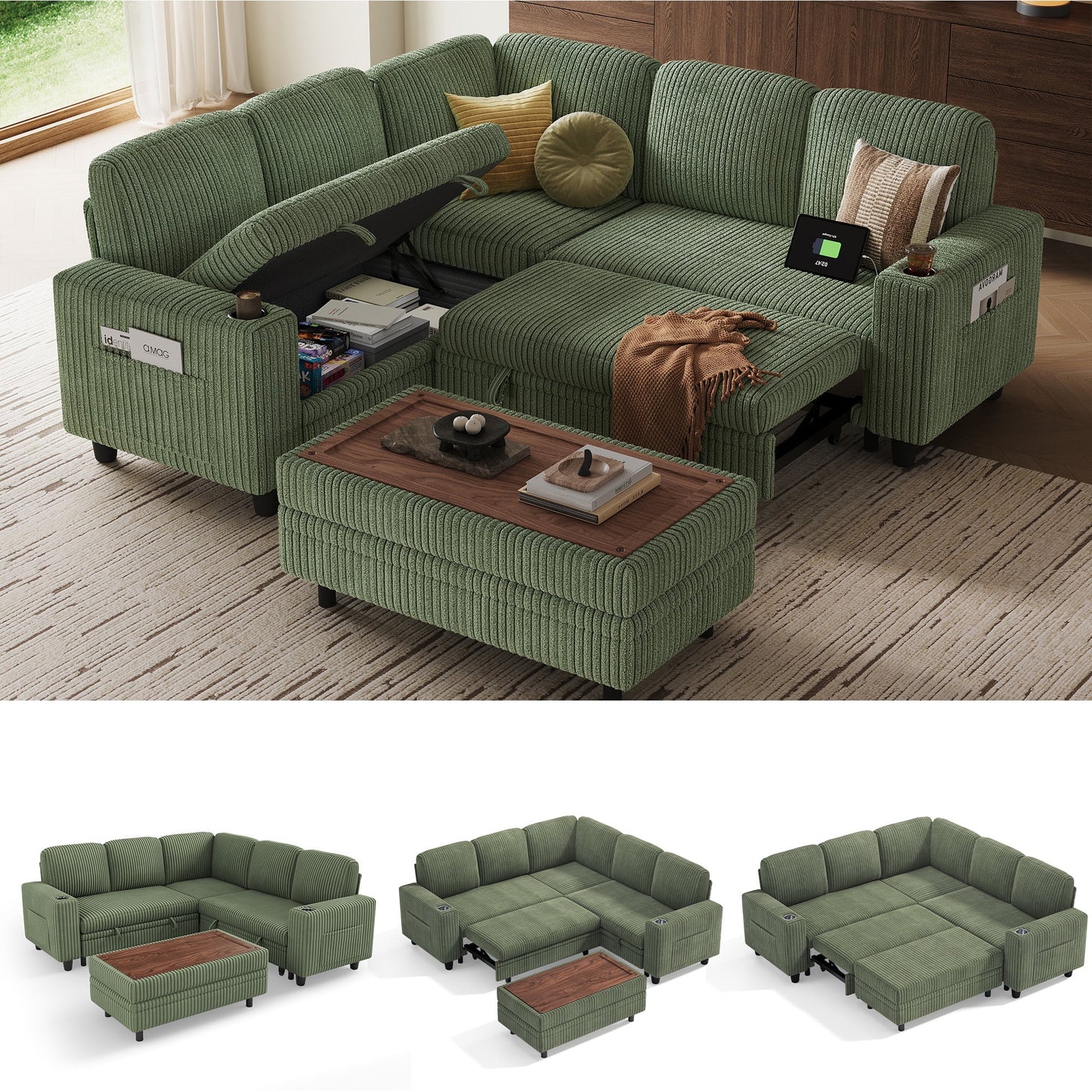 Linsy Home Plush Corduroy Sleeper Sofa Bed with Storage Seat, Pull Out Couch Bed with Multifunctional Storage Ottoman, V-Shaped Sectional Couches for Living Room, Apartment
