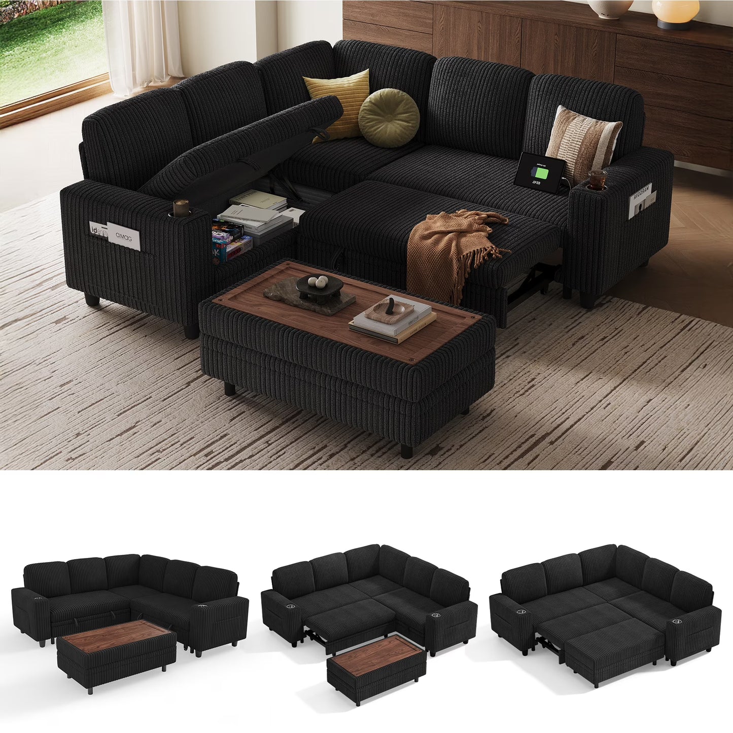 Linsy Home Plush Corduroy Sleeper Sofa Bed with Storage Seat, Pull Out Couch Bed with Multifunctional Storage Ottoman, V-Shaped Sectional Couches for Living Room, Apartment