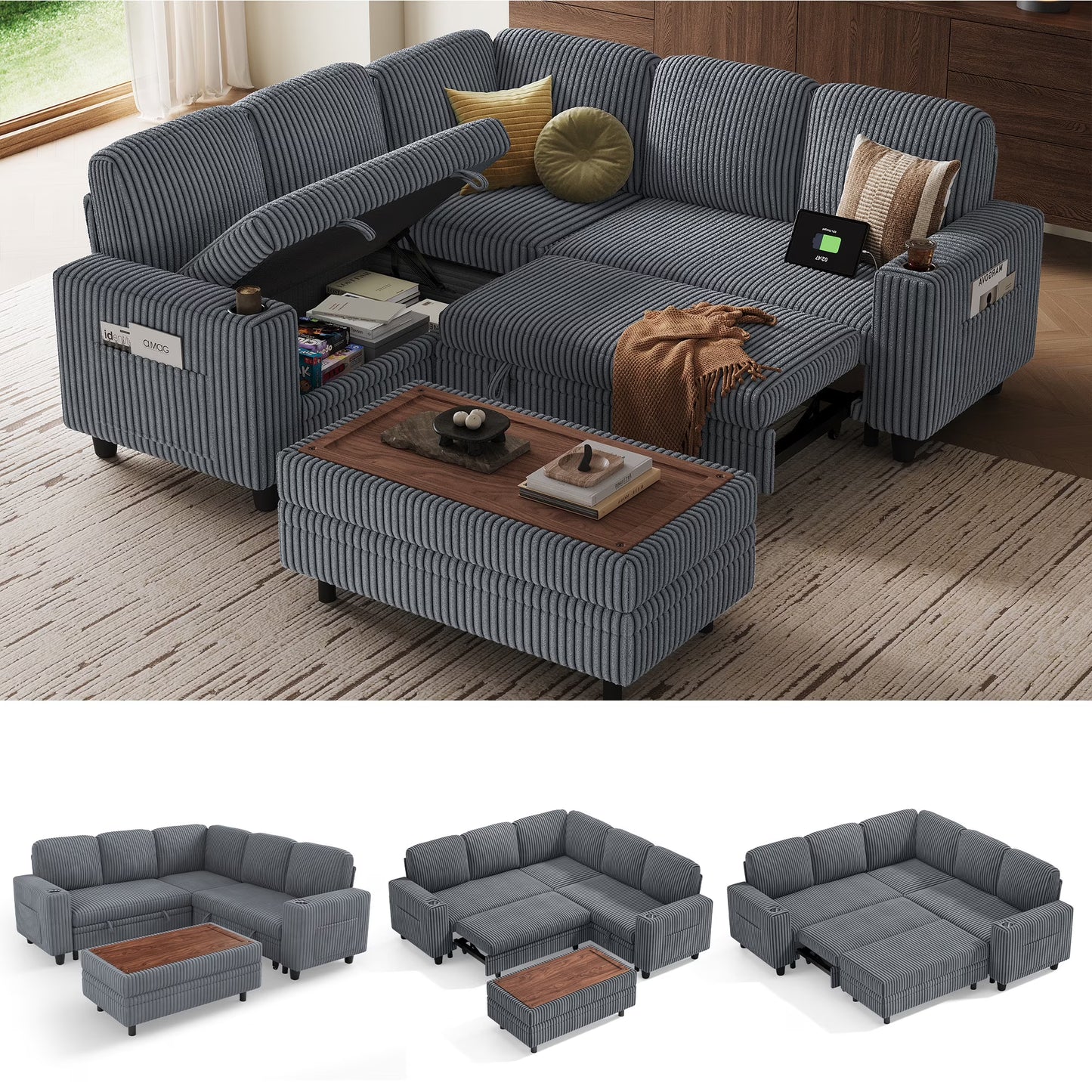 Linsy Home Plush Corduroy Sleeper Sofa Bed with Storage Seat, Pull Out Couch Bed with Multifunctional Storage Ottoman, V-Shaped Sectional Couches for Living Room, Apartment