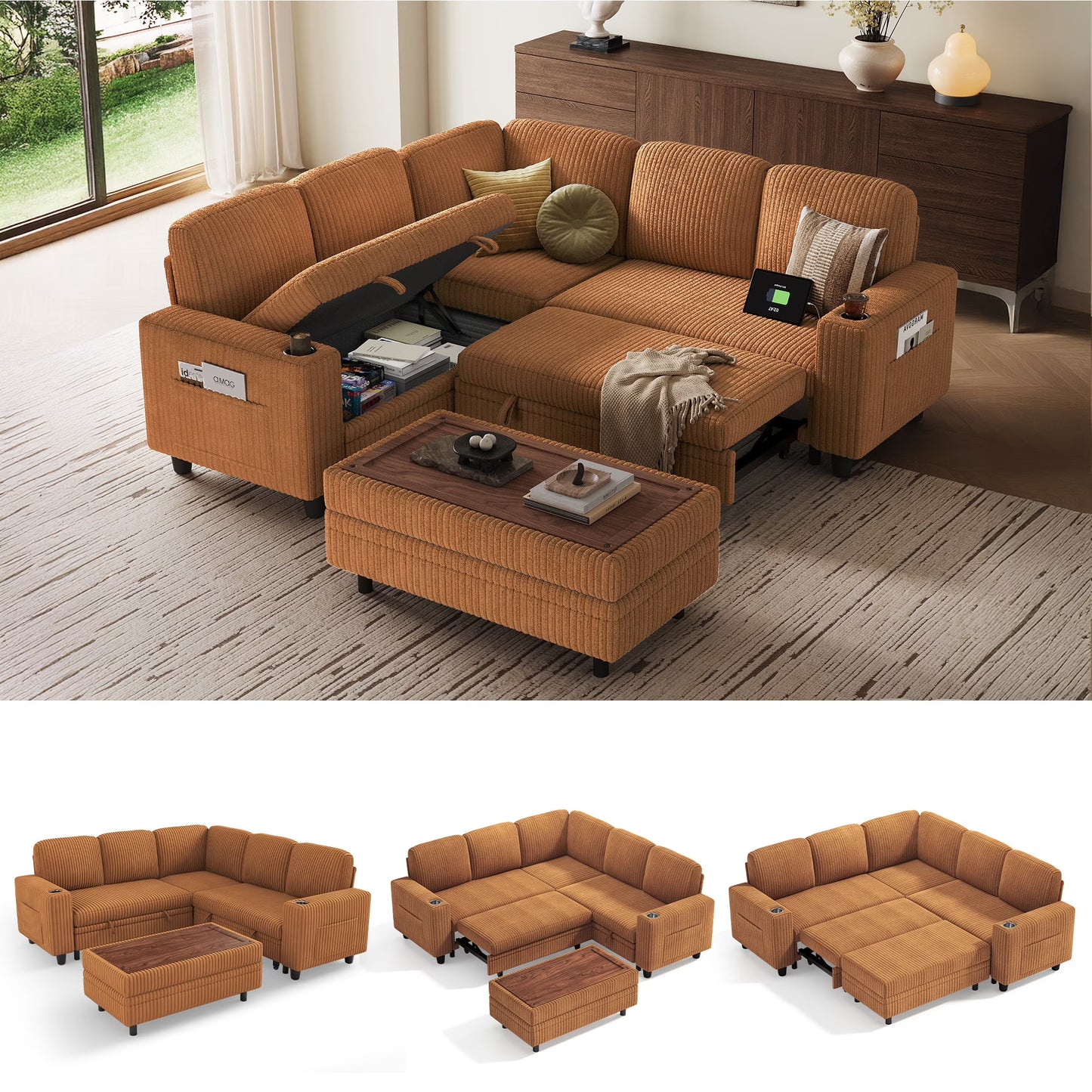 Linsy Home Plush Corduroy Sleeper Sofa Bed with Storage Seat, Pull Out Couch Bed with Multifunctional Storage Ottoman, V-Shaped Sectional Couches for Living Room, Apartment