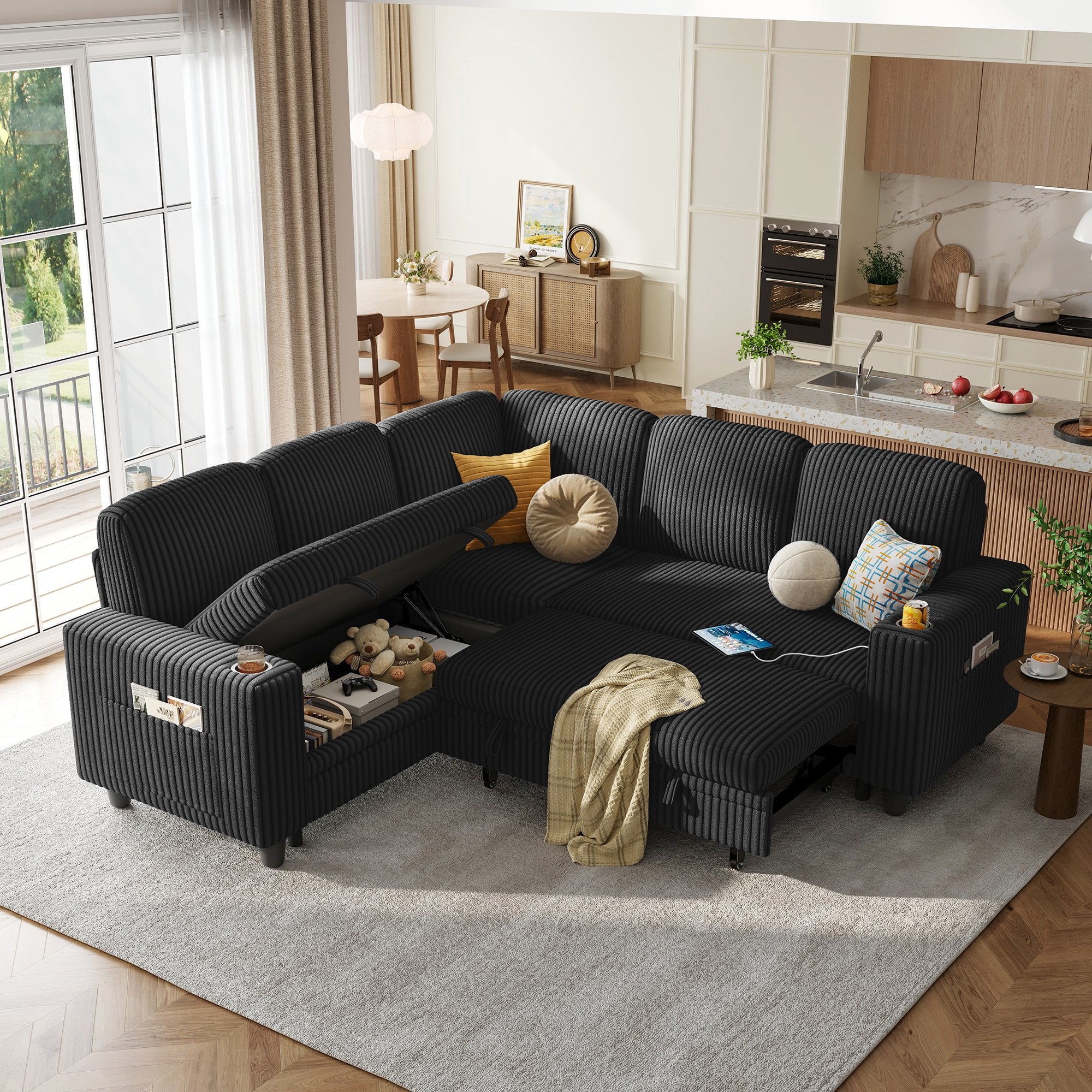 Linsy Home Plush Corduroy Sleeper Sofa Bed with Storage Seat - Thumbnail 2