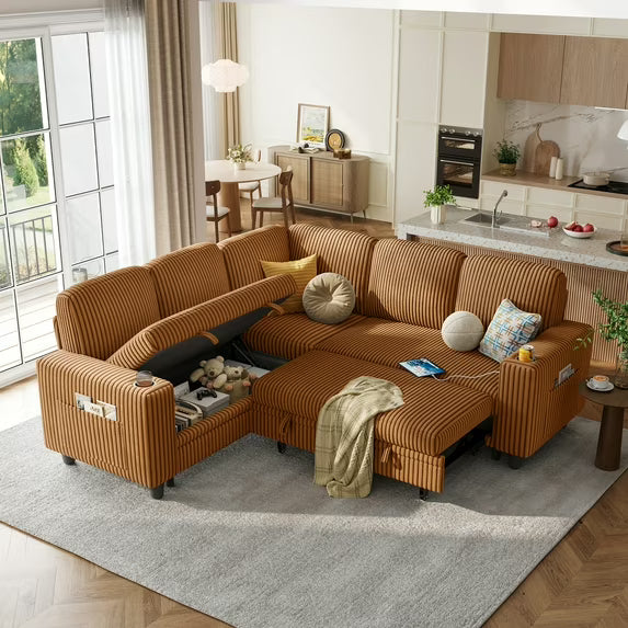 Linsy Home 106" Plush Corduroy Sleeper Sofa Bed with Storage Chaise, Pull Out Couch Bed with USB, Cup Holder, Side Pocket, U Shaped Sectional Couches for Living Room, Apartment, Green