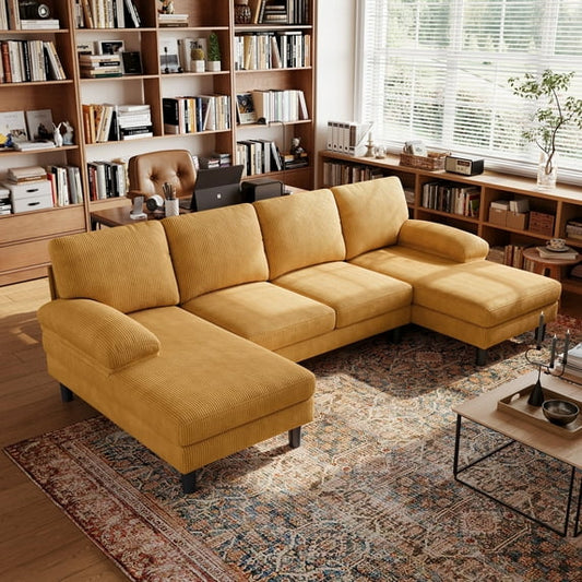 Linsy Home Sectional Sofa for Living Room, U-Shaped Sofa Couch with Corduroy Fabric, 4 Seat Sofa with Double Chaise for Apartment, Dark Gray