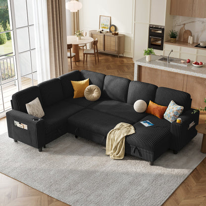 Linsy Home Plush Corduroy Sleeper Sofa Bed with Storage Chaise, Pull Out Couch Bed with USB, Cup Holder, Side Pocket, U Shaped Sectional Couches for Living Room, Apartment