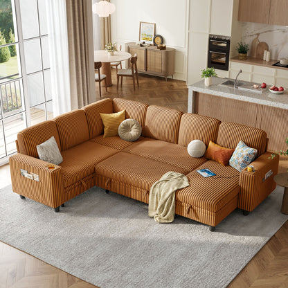 Linsy Home Plush Corduroy Sleeper Sofa Bed with Storage Chaise, Pull Out Couch Bed with USB, Cup Holder, Side Pocket, U Shaped Sectional Couches for Living Room, Apartment
