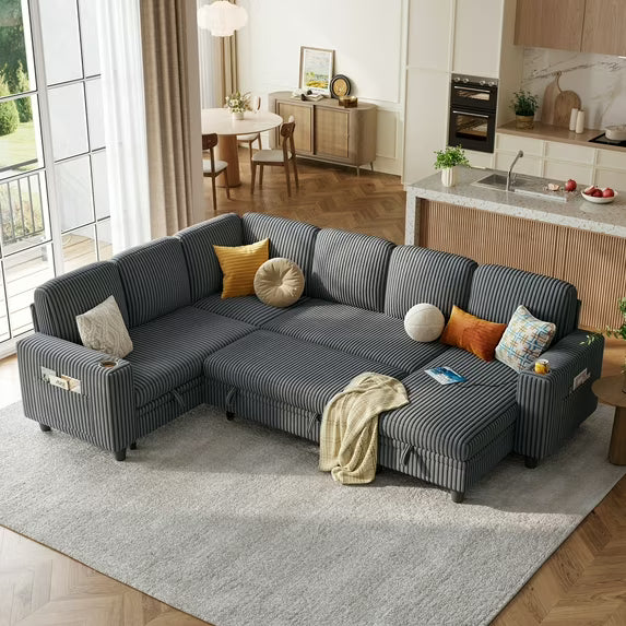 Linsy Home Plush Corduroy Sleeper Sofa Bed with Storage Chaise, Pull Out Couch Bed with USB, Cup Holder, Side Pocket, U Shaped Sectional Couches for Living Room, Apartment