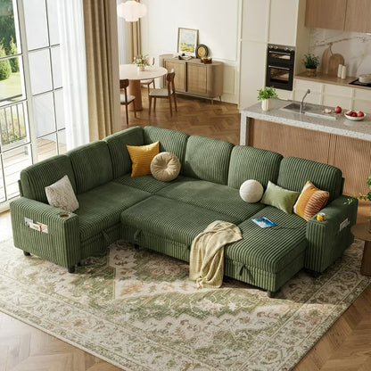 Linsy Home Plush Corduroy Sleeper Sofa Bed with Storage Chaise, Pull Out Couch Bed with USB, Cup Holder, Side Pocket, U Shaped Sectional Couches for Living Room, Apartment