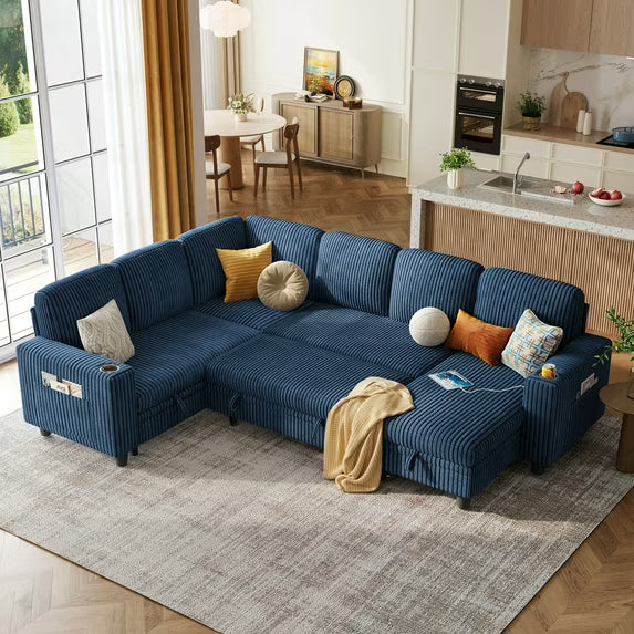Linsy Home Plush Corduroy Sleeper Sofa Bed with Storage Chaise, Pull Out Couch Bed with USB, Cup Holder, Side Pocket, U Shaped Sectional Couches for Living Room, Apartment
