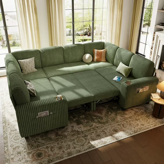 Linsy Home Plush Corduroy Sleeper Sofa Bed with Storage Chaise, Pull Out Couch Bed with USB, Cup Holder, Side Pocket, U Shaped Sectional Couches for Living Room, Apartment
