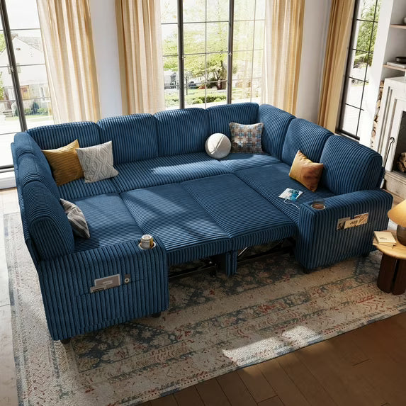Linsy Home Plush Corduroy Sleeper Sofa Bed with Storage Chaise, Pull Out Couch Bed with USB, Cup Holder, Side Pocket, U Shaped Sectional Couches for Living Room, Apartment