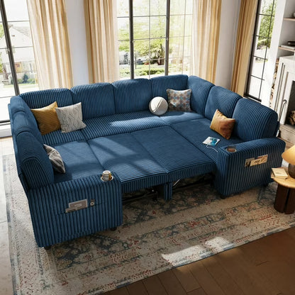 Linsy Home Plush Corduroy Sleeper Sofa Bed with Storage Chaise, Pull Out Couch Bed with USB, Cup Holder, Side Pocket, U Shaped Sectional Couches for Living Room, Apartment