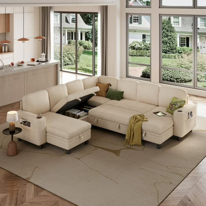 Linsy Home Plush Corduroy Sleeper Sofa Bed with Storage Chaise, Pull Out Couch Bed with USB, Cup Holder, Side Pocket, U Shaped Sectional Couches for Living Room, Apartment