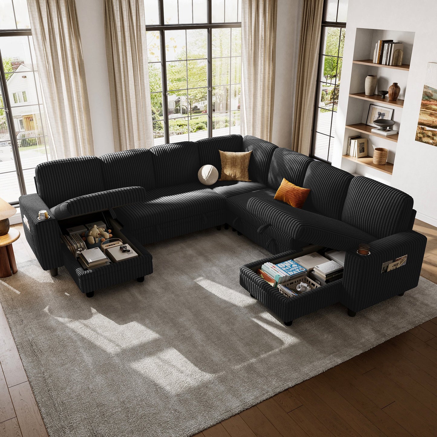 Linsy Home Plush Corduroy Sleeper Sofa Bed with Storage Chaise, Pull Out Couch Bed with USB, Cup Holder, Side Pocket, U Shaped Sectional Couches for Living Room, Apartment