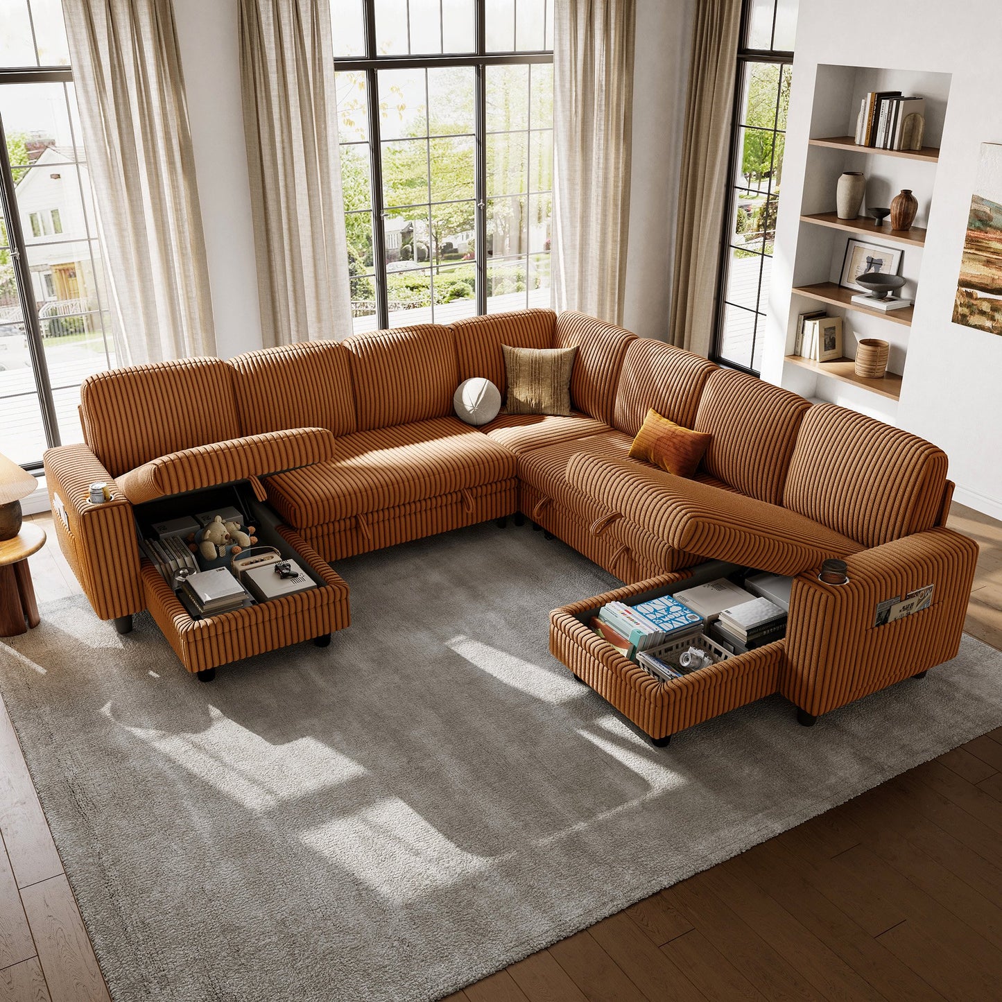 Linsy Home Plush Corduroy Sleeper Sofa Bed with Storage Chaise, Pull Out Couch Bed with USB, Cup Holder, Side Pocket, U Shaped Sectional Couches for Living Room, Apartment