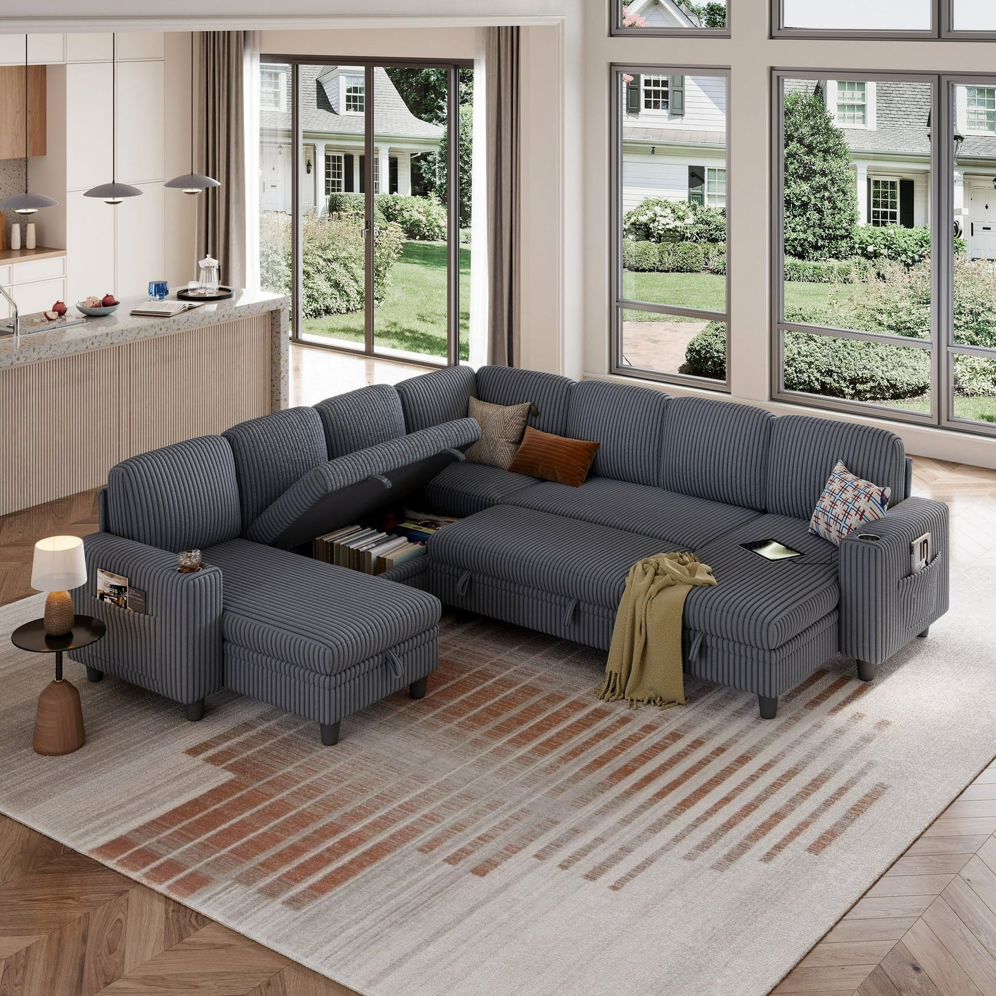 Linsy Home Plush Corduroy Sleeper Sofa Bed with Storage Chaise, Pull Out Couch Bed with USB, Cup Holder, Side Pocket, U Shaped Sectional Couches for Living Room, Apartment