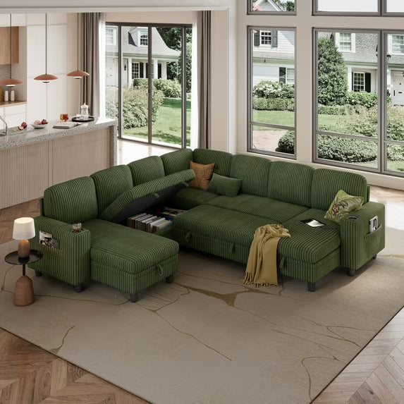 Linsy Home Plush Corduroy Sleeper Sofa Bed with Storage Chaise, Pull Out Couch Bed with USB, Cup Holder, Side Pocket, U Shaped Sectional Couches for Living Room, Apartment
