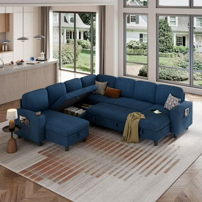 Linsy Home Plush Corduroy Sleeper Sofa Bed with Storage Chaise, Pull Out Couch Bed with USB, Cup Holder, Side Pocket, U Shaped Sectional Couches for Living Room, Apartment
