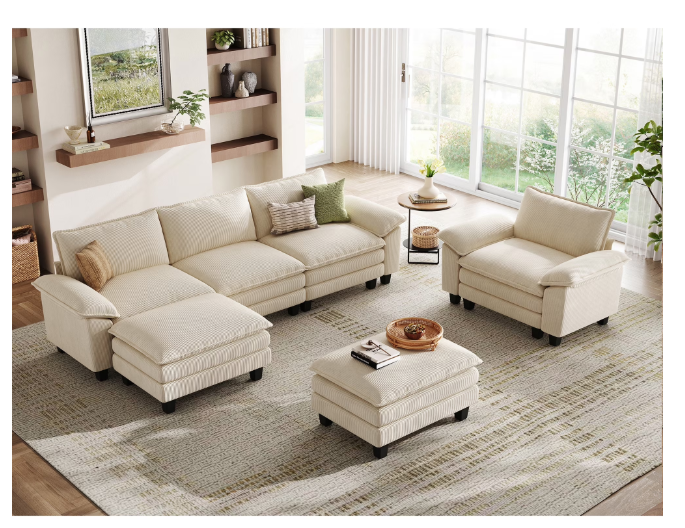 Linsy Home 153" Cloud Modular Sectional Sofa for Living Room, V-Shaped Cloud Sofa Couch with Corduroy Fabric, 5 Seat Oversized Couch with Corner Seat&Movable Ottoman, Green