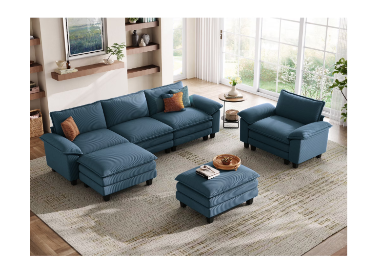 Linsy Home 153" Cloud Modular Sectional Sofa for Living Room, V-Shaped Cloud Sofa Couch with Corduroy Fabric, 5 Seat Oversized Couch with Corner Seat&Movable Ottoman, Green