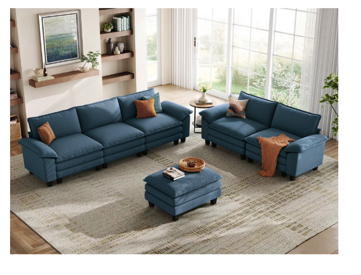 Linsy Home Oversized 3-Piece Sofa Set for Living Room, Comfy Corduroy Living Room Furniture Set Include Sectional Couch, Loveseat and Movable Ottoman, Blue