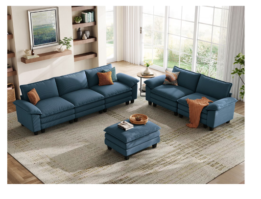 Linsy Home Oversized 3-Piece Sofa Set for Living Room, Comfy Corduroy Living Room Furniture Set Include Sectional Couch, Loveseat and Movable Ottoman, Blue