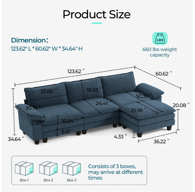 Linsy Home Oversized 3-Piece Sofa Set for Living Room, Comfy Corduroy Living Room Furniture Set Include Sectional Couch, Loveseat and Movable Ottoman, Blue