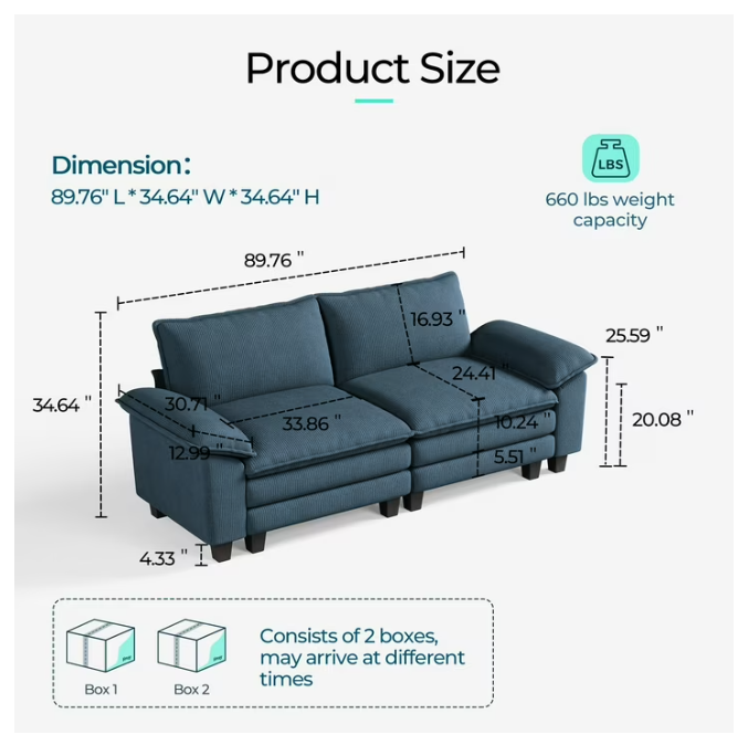 Linsy Home Oversized 3-Piece Sofa Set for Living Room, Comfy Corduroy Living Room Furniture Set Include Sectional Couch, Loveseat and Movable Ottoman, Blue