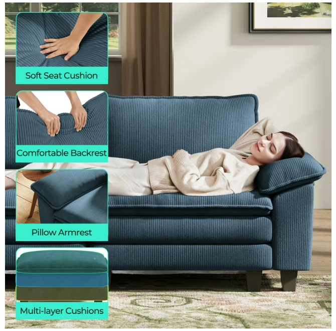 Linsy Home Oversized 3-Piece Sofa Set for Living Room, Comfy Corduroy Living Room Furniture Set Include Sectional Couch, Loveseat and Movable Ottoman, Blue