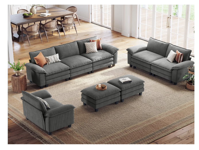 Linsy Home Oversized 5-Piece Sofa Set for Living Room, Comfy Corduroy Living Room Furniture Set Include Sectional Couch, Loveseat, Accent Chair and 2 Movable Ottomans, Grey